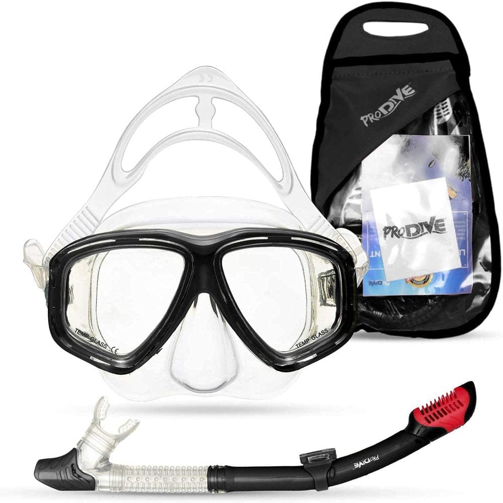 Prodive Dry Top Snorkel Set with Tempered Glass Diving Mask, Watertight and Anti-Fog Lens and Waterproof Gear Bag, Diving Gear or Snorkeling Gear with Snorkel Mask. Snorkel and Mask Set