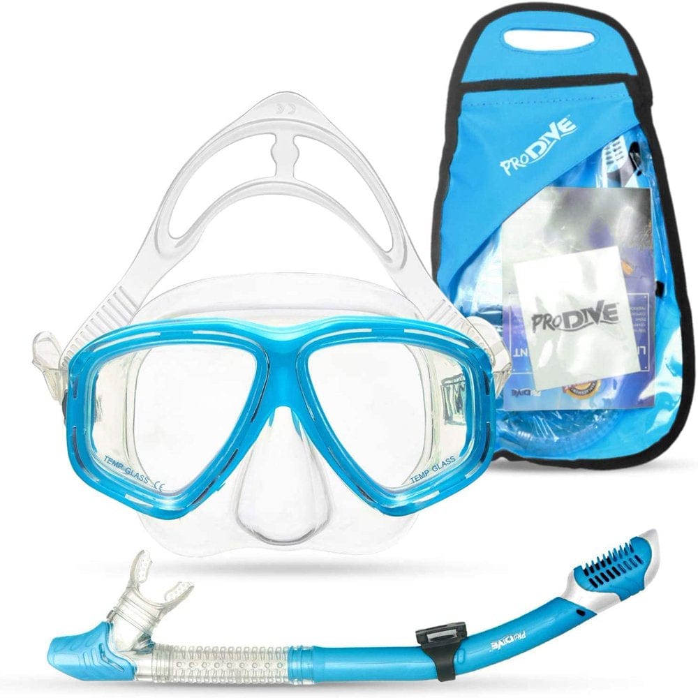 Prodive Dry Top Snorkel Set with Tempered Glass Diving Mask, Watertight and Anti-Fog Lens and Waterproof Gear Bag, Diving Gear or Snorkeling Gear with Snorkel Mask. Snorkel and Mask Set